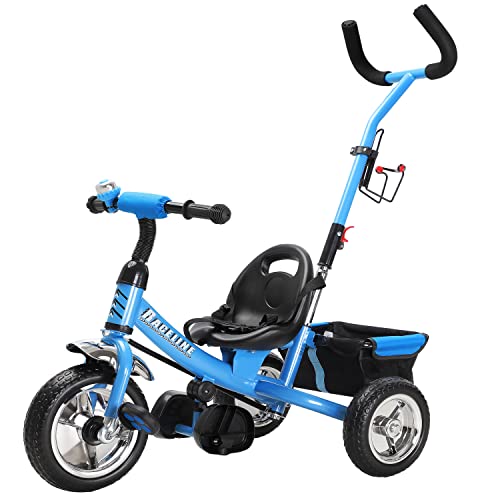 Spielwerk® Dreirad Sicherheitsgurt Schubstange Abnehmbar verstellbare Fußablage Korb Kinderdreirad Fahrrad Laufrad Kinderwagen Kinder Kleinkinder Baby Blau