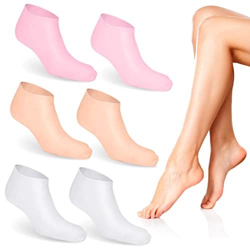 Nizirioo 3 Stück Feuchtigkeitsspendende Socken, Gel Socken, Silikon Feuchtigkeitssocken, Für Trockene Rissige Füße Frauen & Erweichung Trockener Rissiger Füße Rauer Haut Fußpflege(rosa&weiß&hauttöne)