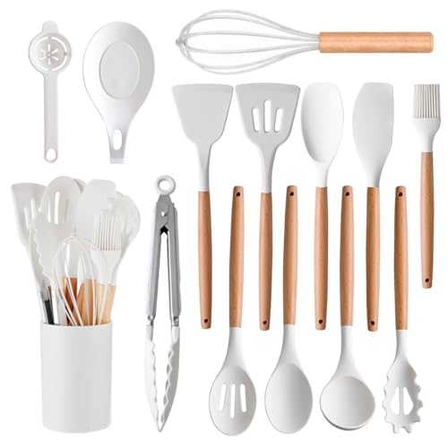 feyiubmen - 14 Teller für Küchenmöbel, Spülmaschinenfes t Silikon-küche, maßgewand mit unklemmtem holzgriff, küchengeschirrbesteck
