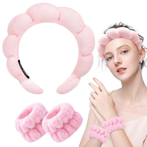 Spa Stirnband Damen Make Up Haarband Abschmink Haarband Schwamm Stirnband Skincare Headband Skincare mit Handgelenk Waschband für Spa Abschminken Gesicht Waschen Duschen Sport Hautpflege (Rosa)