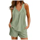 2-teiliges Set für Damen, weiches Pyjama-Set mit V-Ausschnitt, Pyjama-Shorts Taschen, niedliche Nachtwäsche, Sommer-Outfits Kleidung Damen Set Hausanzug Damen Sommer Hausanzug Damen Elegant (Green, L)