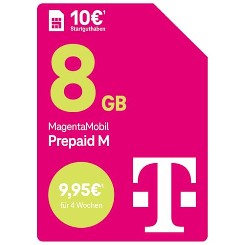 Telekom MagentaMobil Prepaid M mit 8 GB Highspeed-Volumen I Surfen mit 5G/ LTE Max & Allnet Flat (Min, SMS) in alle dt. Netze I Datenmitnahme I Basic Roaming & Hotspot Flat I 10 EUR Startguthaben