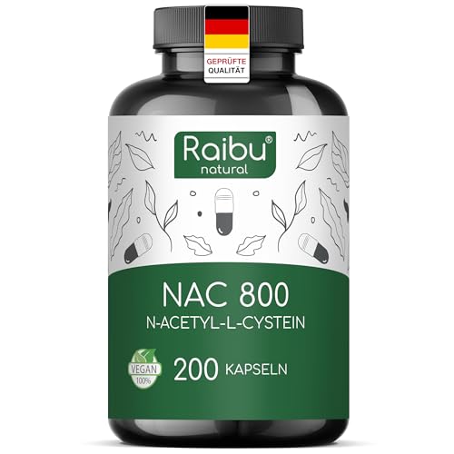 Raibu NAC 800 Kapseln hochdosiert (200 Kapseln x 800mg) I NAC Acetyl L-Cystein in bester Qualität ohne Zusätze in Deutschland produziert