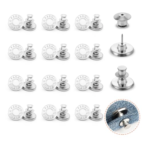 12 Stück Jeans Knöpfe Ohne Nähen, Knöpfe für Jeans Hosenbund Enger Machen Knopf für Ersatz zum Erweitern oder Reduzieren der Hosengröße Jeansknöpfe 17mm (Silber)