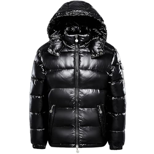 Winterkapuzenjacke, warm, mittleres Gewicht, Metallic-Daunenjacke, Reißverschluss, Steppung, glänzender Puffermantel, Schwarz , S