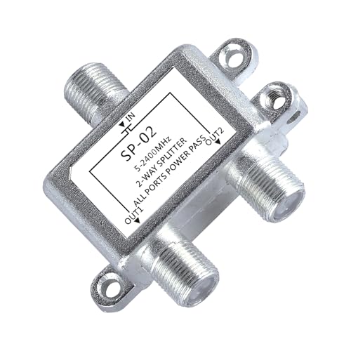 2-Fach SAT Splitter, Koaxial Verteiler, Sat Splitter, Antennenverteiler SAT Verteilerfür Satelliten und Kabelanlagen, TV Signalverteilung Stromversorgung, 5-2400 MHz, 2 Receiver Gleichzeitig Betreiben
