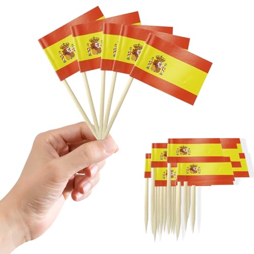 100 Stück Spanien Zahnstocher Flaggen Cocktail Stick Flaggen,Spanische Deko Fahne Mini Cupcake Topper Kleine Zahnstocher Spanien Fähnchen für Torten Fußball EM Eurovision WM Bar Pub Party Dekoration