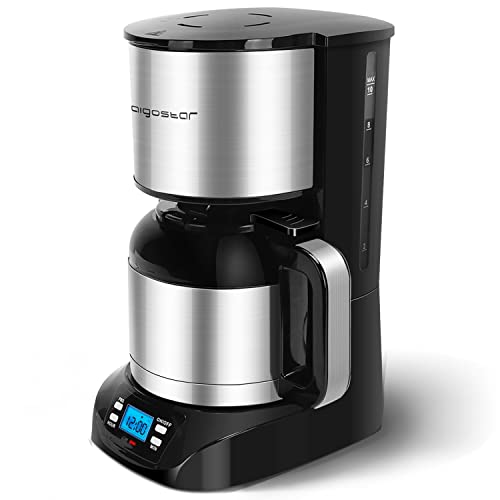 Aigostar Bonnie - Edelstahl Kaffeemaschine mit timer, 24H programmierbar, LCD Display, Warmhalteplatte, Abschaltautomatik, Tropfstopp, 800W, Filterkaffeemaschine mit Thermokaraffe, 10 Tassen, 1,2 L