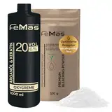 FemMas Blondierungspulver Set 500g vegan & Entwickler 6 Prozent 1L I ultra stark & staubfrei I mit nährstoffreichen Ölen I Hair Bleach Kit für zuhause in Salonqualität I Blondierung von 7-9 Tonstufen