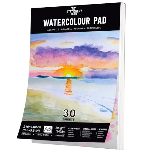 Stationery Island Aquarellpapier A5 300g, 30 Blatt Aquarellblock A5, Aquarell Papier für Wasserfarben, Aquarell Skizzenbuch, Watercolor Paper für Studenten,Anfänger, Skizzenbuch Aquarell