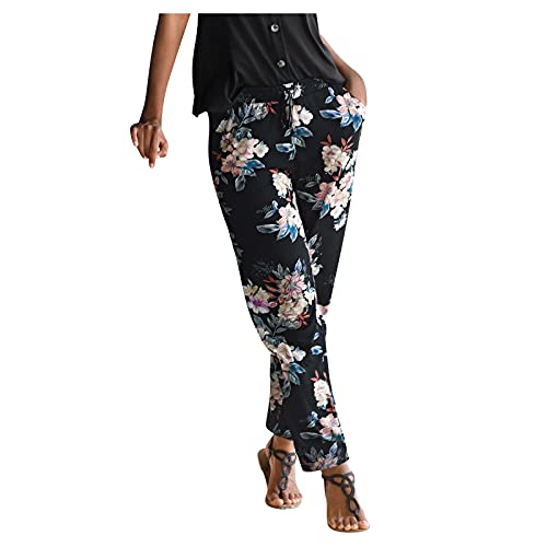 Stoffhose Damen Lange Haremshose Schlupfhose Sommer Boho Strandhose Leicht Freizeithose Locker Blumen Drucken Straight Bein Hose Jogginghose Yogahose mit Taschen