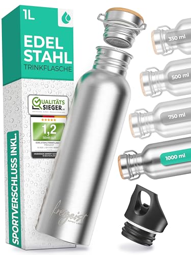 freigeist Trinkflasche Edelstahl 1l einwandig mit Gratis Sportverschluss - Trinkflasche 1l | 750 | 500 | 350 ml - Edelstahl Trinkflasche