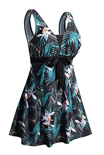 Ecupper Badeanzug Damen Elegant Einteiliger Badeanzug Mit Brustpolster Badeanzugkleid Baderock Grüne Blumen XL
