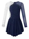 CHICTRY Kürkleider Eiskunstlauf Mädchen Strass Glitzer Ballerinas Kleid Kinder Langarm Ballettanzug Patchwork Body Mit Asymetrisch Wickelrock Dancewear Navy Blau 158-164