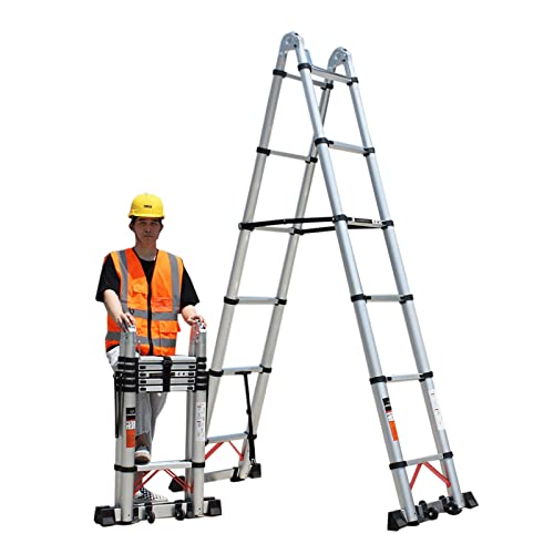 Klappbare Teleskopleiter, einfach zu bedienen und zu tragen, A-Gestell mit Stabilisator und Rädern, Aluminium-Teleskopleiter für Wohnmobil und Zelt, Gebäudepflege
