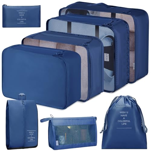JetsCush 8 Teilige Koffer Organizer Set, Packing Cubes, Kleidertaschen, Packwürfel Set für Urlaub und Reisen,Kleidertaschen, Schuhbeutel, Kosmetiktasche(Dunkelblau)