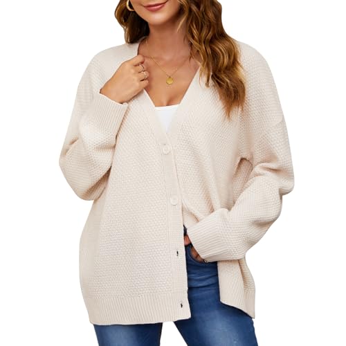 QIANSIQIANBO Strickjacke Damen Kurz Strick Cardigan V-Ausschnitt Knopfleiste Langarm Open Front Strickpullover Herbst Winter Gestrickte Strickjacke Top (M) Aprikose