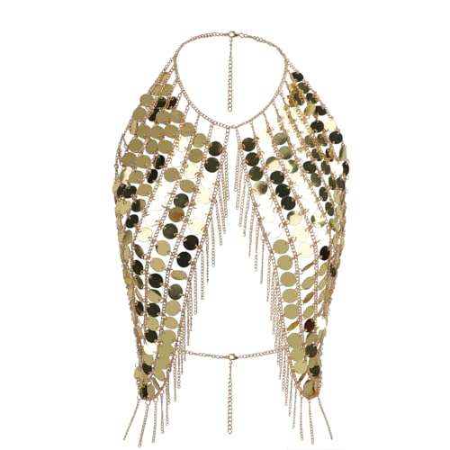 Pailletten Crop Top Körperkette Damen Bikini Pailletten Kette Neckholder Lange Brustkette Tank Top Glitzer Weste Clubwear BH Kette Sexy Körperschmuck für Nachtclub,Festival,Party,Bauchtanz