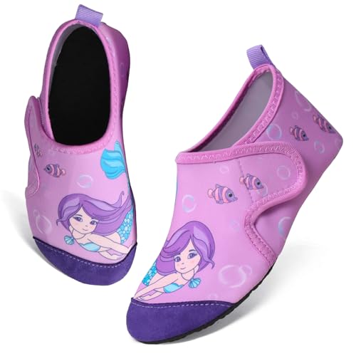 TMEOG Badeschuhe Kinder Wasserschuhe Kleinkind Schwimmschuhe Strandschuhe rutschfeste Aquaschuhe mit Klettverschluss Wattschuhe Meerschuhe Barfussschuhe für Jungen Mädchen(24/25 EU,MER_Violett)