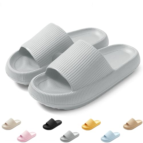 QJJQ Badeschuhe Herren Damen Cozislides Original Slippers Wolke Schlappen Super Weich Rutschfest Badelatschen Hausschuhe Sommer Pantoletten Badeschlappen Flip Flops,Grau, 40-41 EU