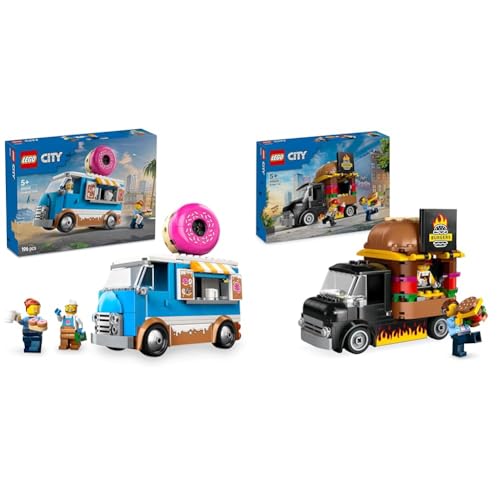 LEGO City Donut-Lkw Spielzeug + Burger-Van Bauspielzeuge Mobiler Lebensmittelstand & Food-Truck-Spielzeuge für 5+ Jahre alte Jungen & Mädchen 60452 + 60404