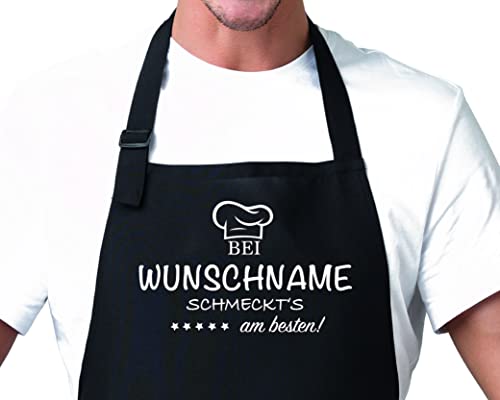 schwarze Schürze personalisiert mit Namen Kochschürze Grillschürze für Männer Frauen Unisex Baumwolle Verstellbar super als Geschenk