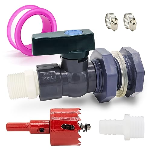 Regentonne Zapfhahn Set PVC Regentonnen Ventile (25mm+16mm) mit Schottverschraubung und Schlauchadapter und Lochsäge Schlauchschellen Wasserhahn Regentonne Set für Aquarien, Pools (1 Garnitur)