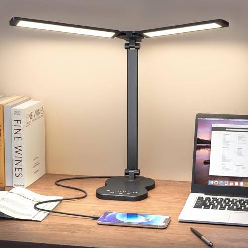 Aisutha Schreibtischlampe led,Double Arm Schreibtischlampe mit 5 Farben＆10 Helligkeitsstufen,Schreibtisch Lampe mit 45min Timer-Off,Touch-Steuerung Led Tischlampe für Studium (Schwarz)