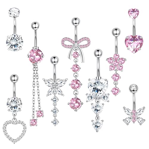 LOLIAS 9 Stück 14G Bauchnabelpiercing Silber Chirurgenstahl Belly Piercing Bauchnabel Lang Süße Schleife Schmetterling Herz Blume Baumelnde Bauchnabelpiercing Ring Set 10MM für Damen