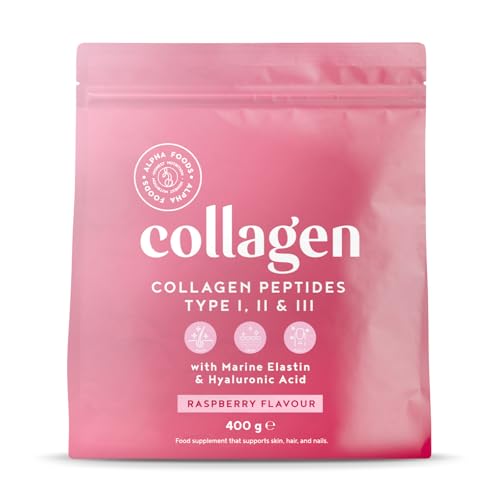 Collagen Pulver [400g] | Premium Kollagen Hydrolysat | Peptide Typ 1, 2 & 3 | Hochdosiert Kollagenpulver mit Hyaluronsäure und Elastin | Himbeergeschmack | in Deutschland hergestellt | Alpha Foods