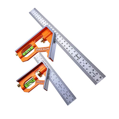 Presch Kombinationswinkel Set 150mm & 300mm - metrisch - Zwei Präzise Universal Kombiwinkel mit Linealanschlag - Anschlagwinkel Set - Edelstahl, Combination Square - Hochwertiges Profi Messwerkzeug