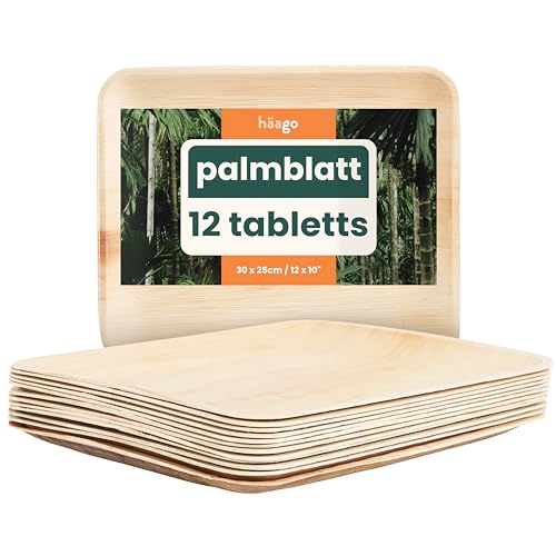 HAAGO 12 Palmblatt-Tabletts (25x30cm, rechteckig) Kompostierbar & Einweg - Umweltfreundlich Picknick & Outdoor - Gefrierschrank & Mikrowelle sicher