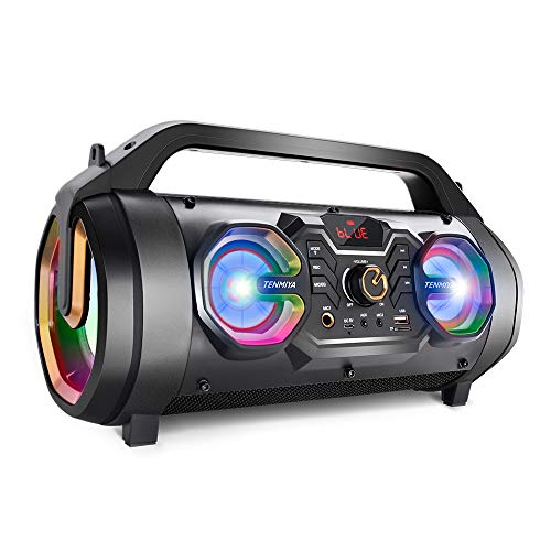 TENMIYA Bluetooth Lautsprecher, 30W Lautsprecher Boxen Bluetooth mit FM Radio, Subwoofer, USB, Bunte Licht. 10H Akku Bluetooth Box für Party, Outdoor