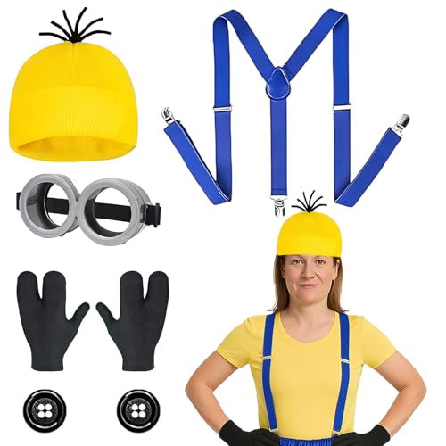 AXERHK Halloween Kostüme, 5 Stück Karneval Kostüm Gelber Hut Gläser, Schwarze Dreifingerhandschuhe, Knöpfe und Riemen, für Karneval Halloween Cosplay