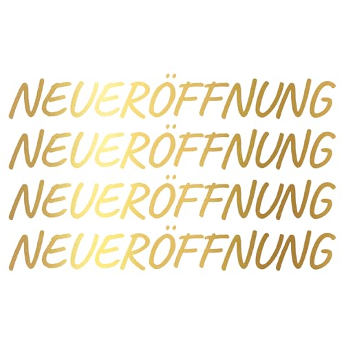 Finest Folia 4X Neueröffnung Schriftzug Set Aufkleber für Schaufenster Laden Geschäft Fenster Sticker Werbung selbstklebend wetterfest KX046 (Motiv 02, Gold Metallic)