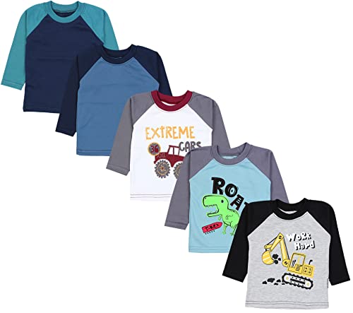 TupTam Baby Jungen Langarmshirt Gestreift 5er Set, Farbe: Bagger Monster Tuck Dino Grau Blau Grün, Größe: 104