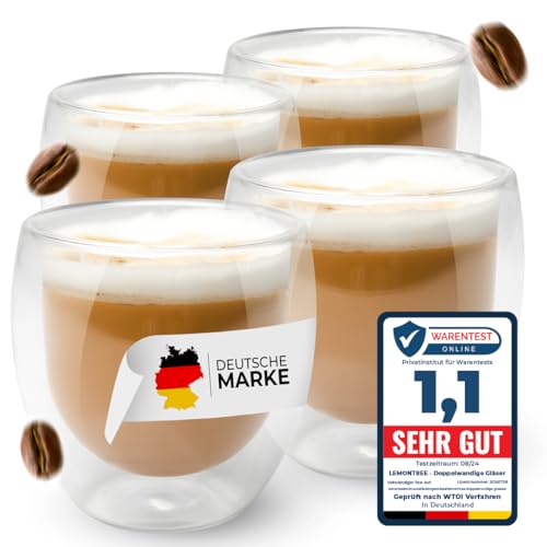 Lemontree 4er Set Cappuccino Tassen 250ml - Cappuccino Gläser doppelwandig, Gläser hitzbeständig, moderne Design Kaffeetassen aus Borosilikatglas