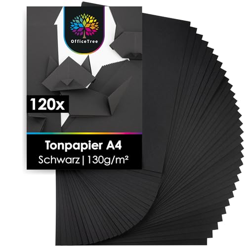 OfficeTree 120 x Tonpapier Schwarz A4 130g - Schwarzes Tonpapier A4 - Bastelpapier Schwarz - Tonzeichenpapier A4 Schwarz zum Basteln & Malen & Drucken