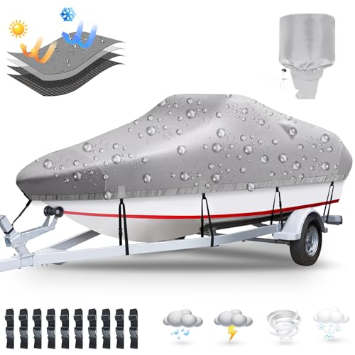 Plscoverit Bootsabdeckung, 4,2-5,3 m, strapazierfähig, 1200D Polyester-Leinen, UV-beständig, wasserdicht, Bass-Bootsabdeckungen mit Motorabdeckung, passend für V-Rumpf, Tri-Hull Boot, Runabout,