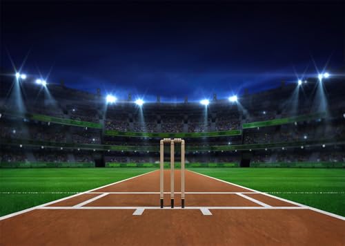 CORFOTO 3.5x3m Cricket-Stadion-Hintergrund, Sportthema, Geburtstagsparty-Hintergrund, Nacht-Cricketfeld mit Scheinwerfern, Cricket-Sport-Hintergrund, Fotoautomaten-Requisiten