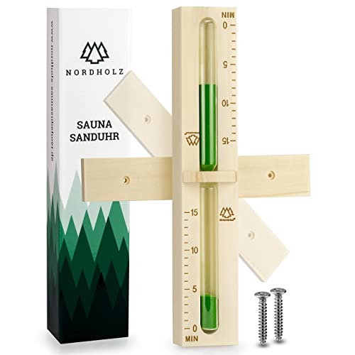 NORDHOLZ® Sauna Sanduhr 15 Minuten aus 100% nordischer Fichte - Glas robust & hitzebeständig - Kontrastfarbe Grün + 2 Edelstahl Schrauben - Sauna Zubehör - 60 Tage risikolos testen - Saunauhr