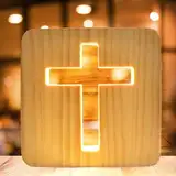 WIYETY Jesus Kreuz Nachtlicht: 3D Jesus Kreuz Religiöses Mini Nachtlicht, Kleine Tischlampe für Zimmer, Holzschnitzerei LED Nachtleuchte, USB-betriebener Warmweiß Licht, Beleuchtetes Geschenk