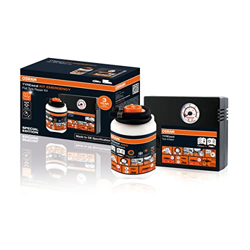 OSRAM TYREseal KIT EMERGENCY, Autoreifenreparatur unterwegs, und analoger Luftkompressor zur vor Ort Pannenbehebung, als Ersatz für das Original-Reifendichtmittel-Set,4,5 Min. + Dichtmittel