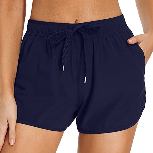 Badeshorts 140 Damen-Badeshorts mit Taschen, hohe Taille, Board-Badeanzug, Badeshorts, Badeanzug, Unterteil, Jungen-Shorts, Badeanzug-Unterteil, breites elastisches Badeshorts Mit (Dark Blue, S)