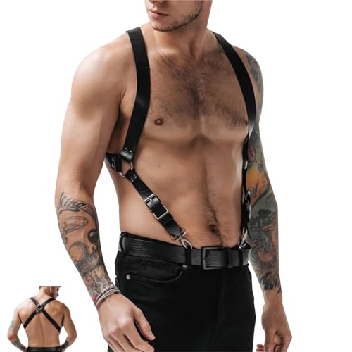 BDSMYOU Herren Punk Body Brust Harness Männer Leder Geschirr,Sexy Unterwäsche für Mann,Gothic Herren Kleidung PU-Leder Unterwäsche Herren,Sexy Sklave Bandage Kostüme Herren Fetisch Gay Harness (B)