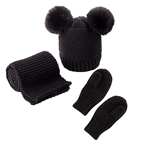 Baby Mütze Schal Handschuhe Set Kleinkind Winter Gestrickte Pompon Mütze Halswärmer Fäustlinge für 0-3Y Jungen Mädchen, Schwarz , M