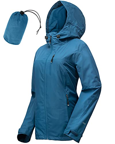 33,000ft Regenjacke Damen Wasserdicht Outdoorjacke Atmungsaktiv Herbst Übergangsjacke Leichte Jacke mit Kapuze Windbreaker zum Wandern Reisen Treking Fahrrad Vintage-Blau 36