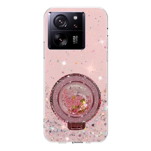 Rnrieyta Miagon Treibsand Ständer Hülle Glitzer für Xiaomi 13T Pro/13T,Cute Dünn Crystal Schutzhülle Weiches Bling Transparent Case Bumper mit Flüssig Halter Kickständer