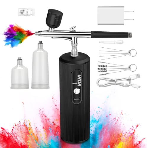 Daakro 48PSI Double Action-Airbrush-Pistole,wiederaufladbare kabellose Kompressor Airbrush mit 0.3mm Düse,pritzpistole Gun mit Kompressor für Kunst, Makeup, Kuchen Modelliermalerei(Schwarz)