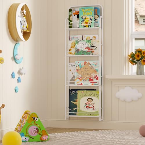 BBLIKE Kinder Bücherregal Wand Weiß - Wandregal Kinderzimmer mit 4 Ablagen, Metal kinderregal für Buchaufbewahrung, 131CM Höhe Regal für Spielzimmer Wohnzimmer Leseecke (Holzschicht)